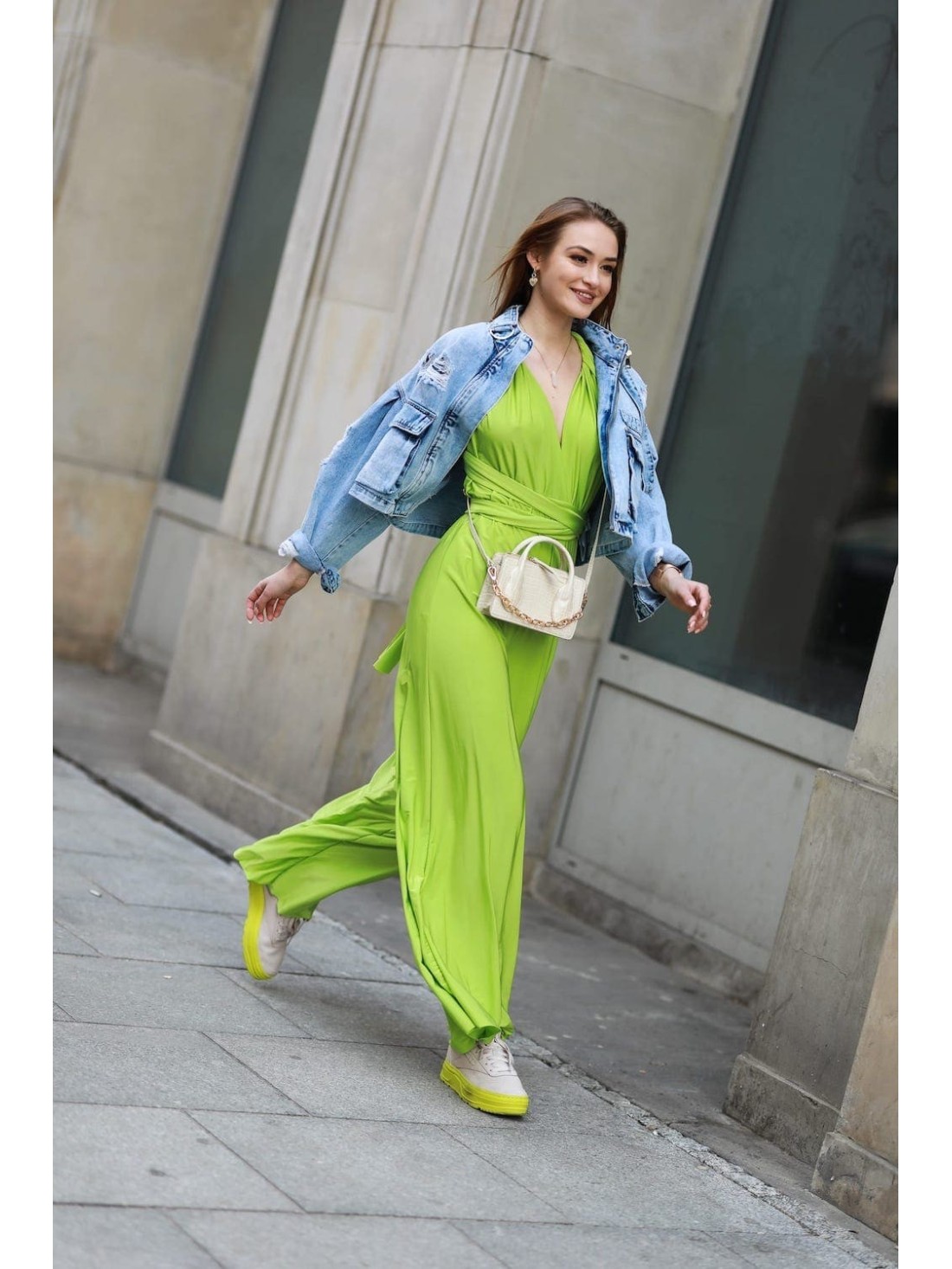 Elegant jumpsuit with wide legs and a tied top, lime 44610 - Online store - Boutique